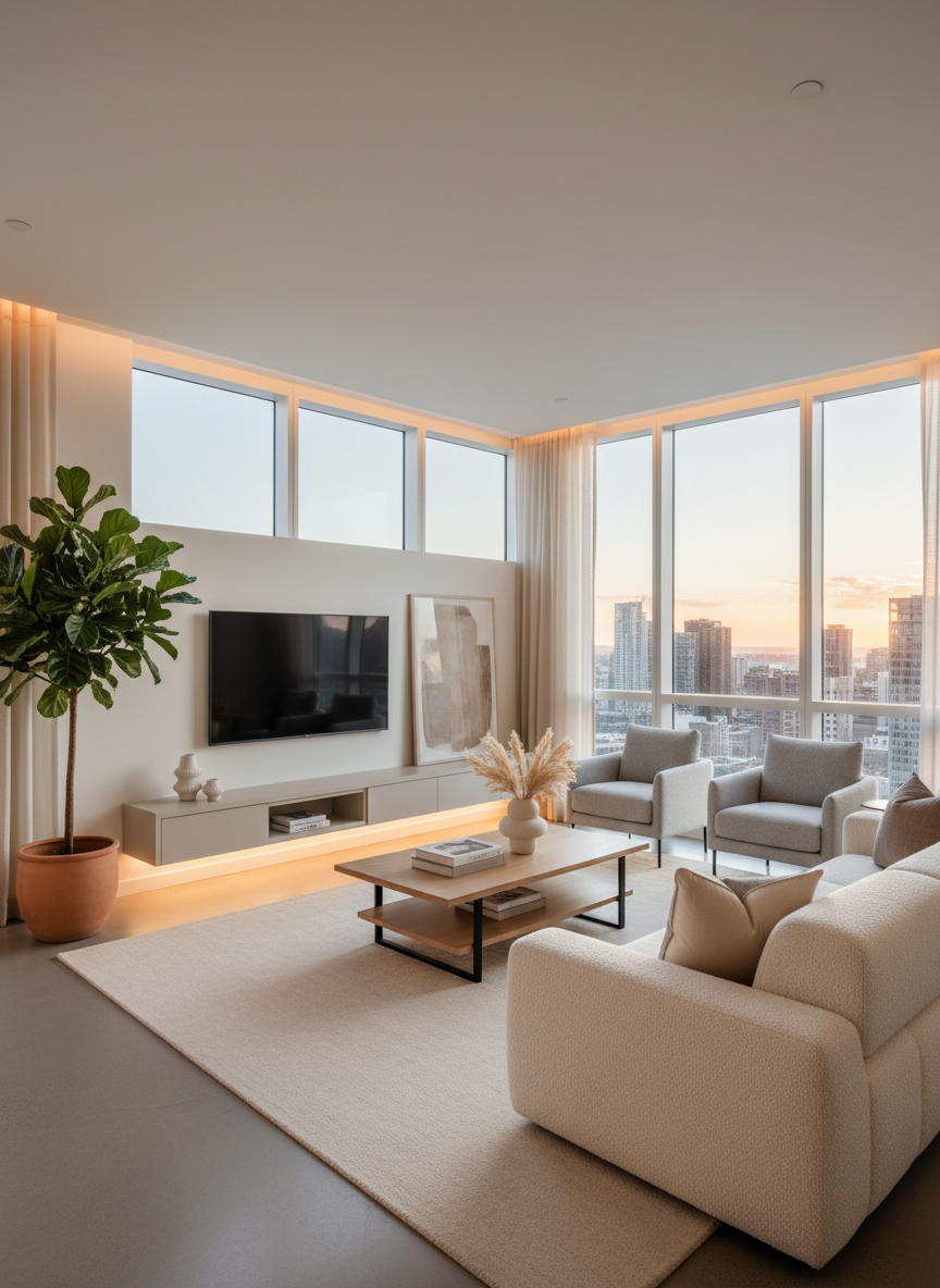 Bright, well-lit modern apartment living room interior with floor-to-ceiling windows, tasteful neutral decor, no people, no visible branding or signage, styled like a high-end real-estate listing photo.