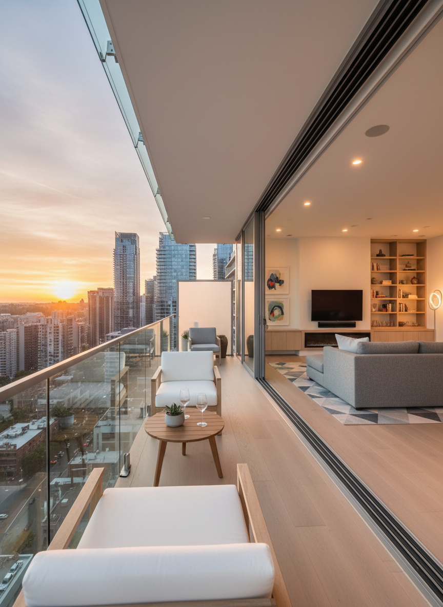 Bright, well-staged condo balcony and living area at sunset, city views, no people, no visible branding or signage, modern real estate marketing style.