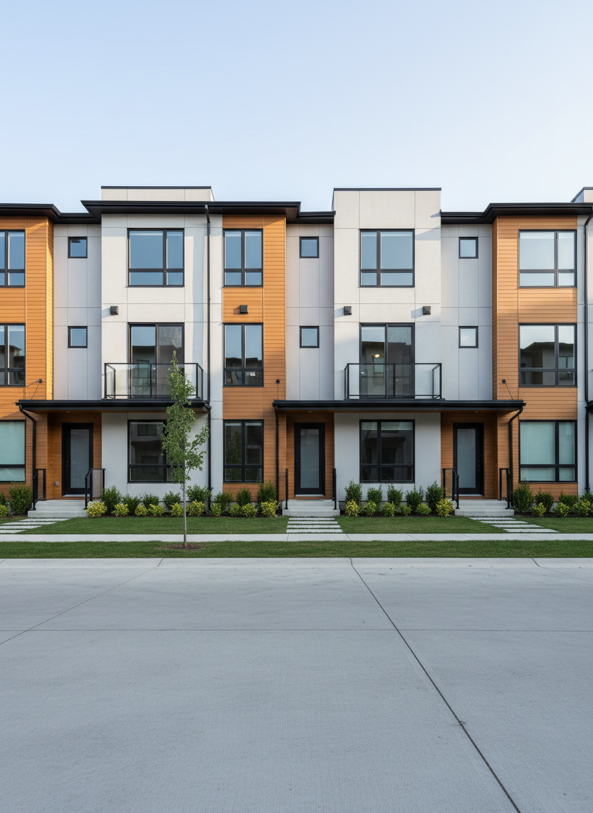 Bright, well-lit townhome row exterior on a quiet street, clean facades, no people, no signage, modern real-estate listing photo style.
