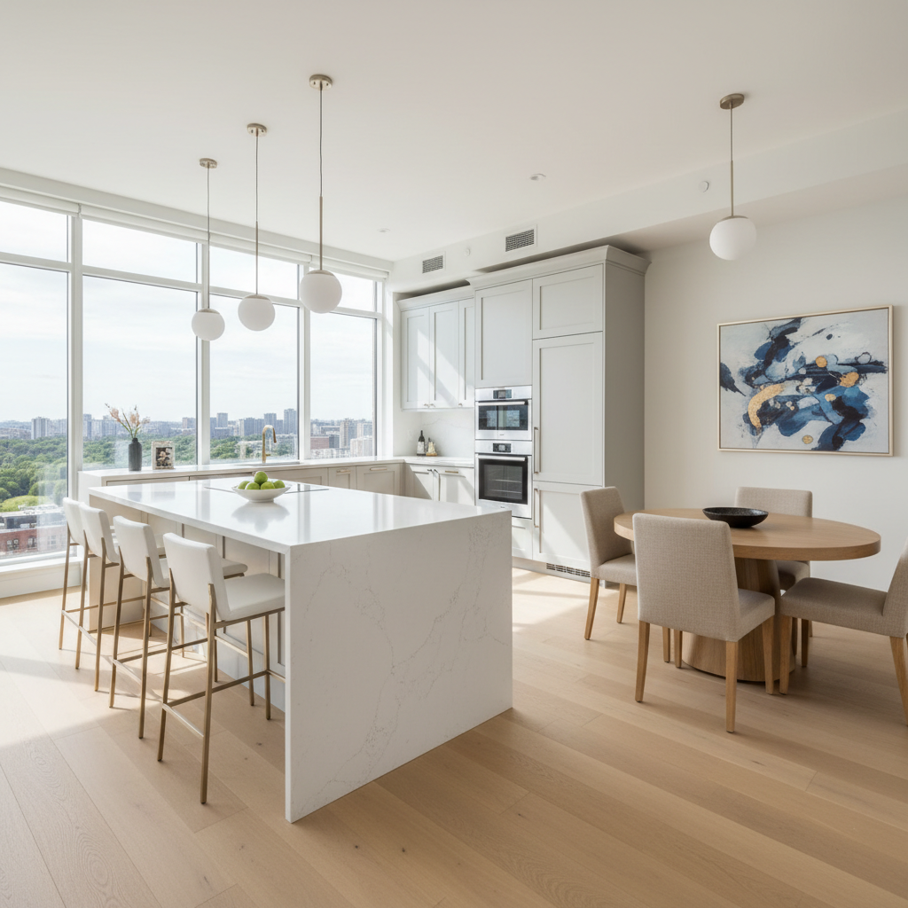 Bright, airy condo kitchen and dining area with modern finishes, island seating, no people, no obvious branding or signage, real estate listing style.