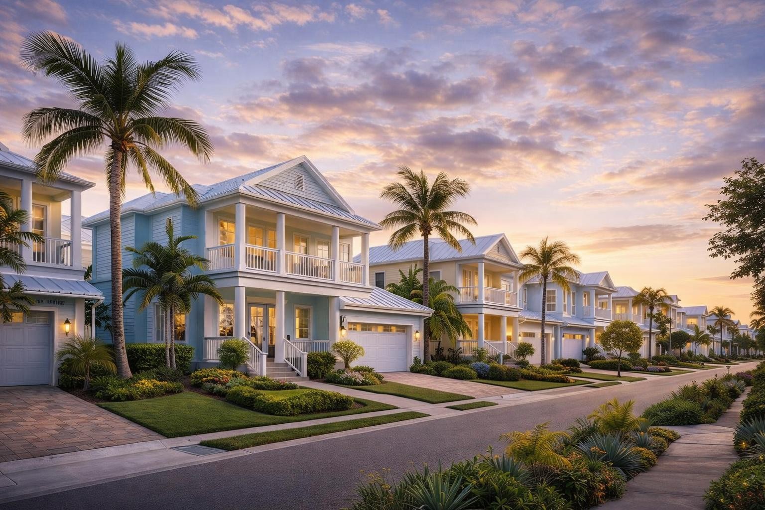 Row of two-story suburban houses with palm trees and landscaped yards at sunset