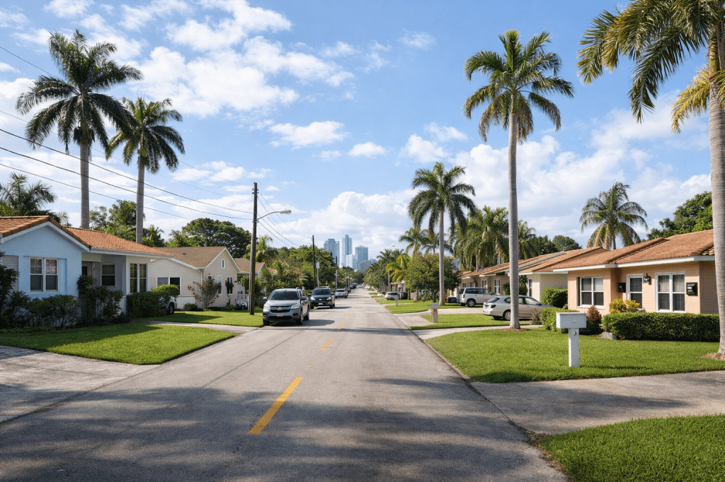 Residential street with palm trees, parked cars, and distant city skyline