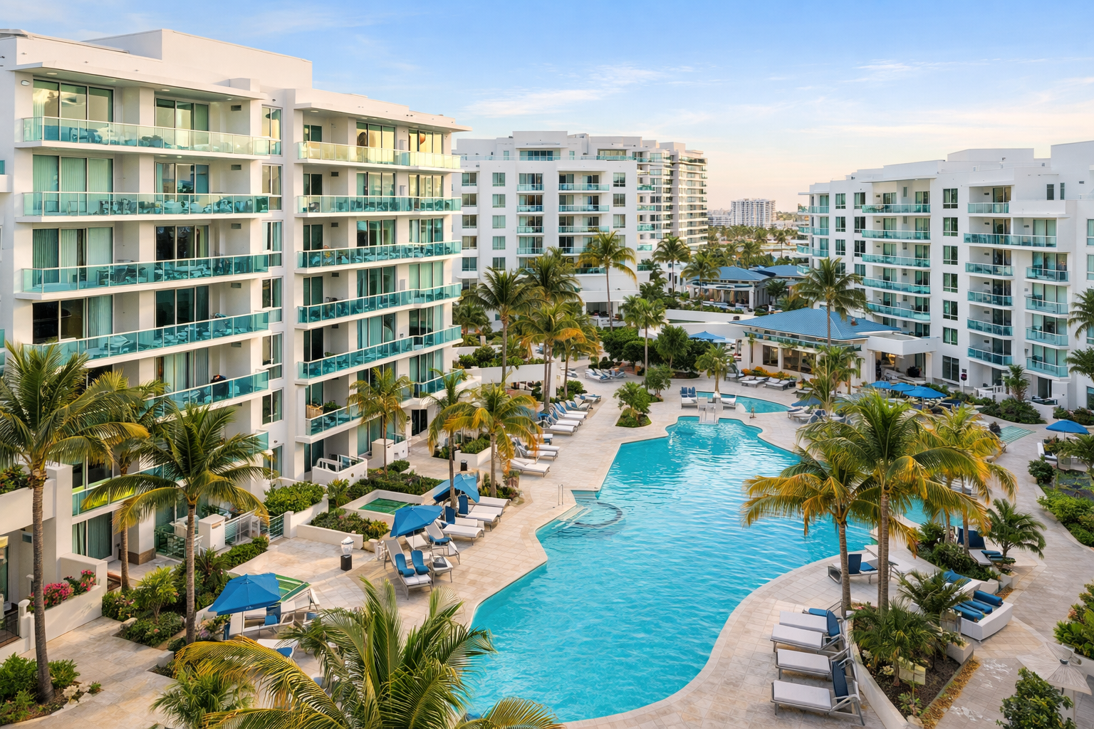 Outdoor pool area at a luxury resort with palm trees, lounge chairs, and white multi-story buildings