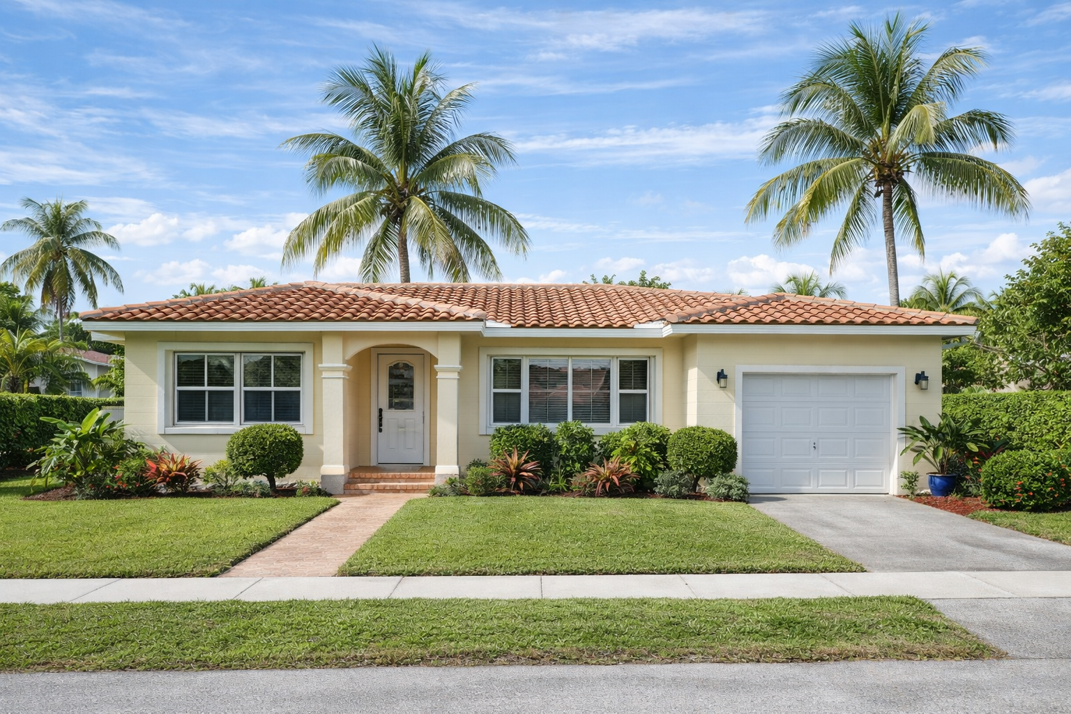 Single-story suburban house with tiled roof, white door, garage, and tropical plants