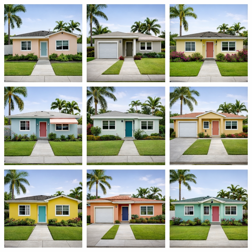 Nine single-story suburban houses in various pastel colors arranged in a 3x3 grid