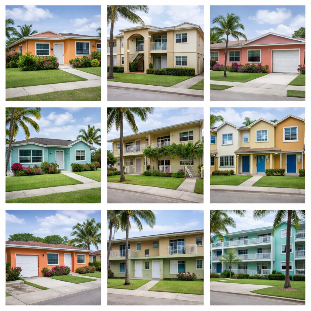 Nine colorful suburban homes with palm trees, lawns, and sidewalks on a sunny day