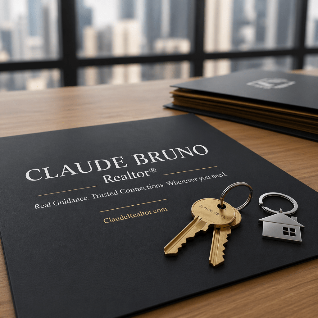 Claude Bruno Realtor advertisement with keys and house keychain on a desk in an office setting.
