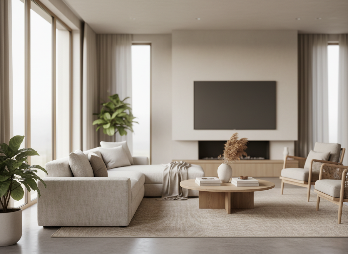 Soft, warm, modern interior living room with neutral tones, natural light, subtle depth-of-field, no text, no people, no branding, suitable as a real estate website hero background